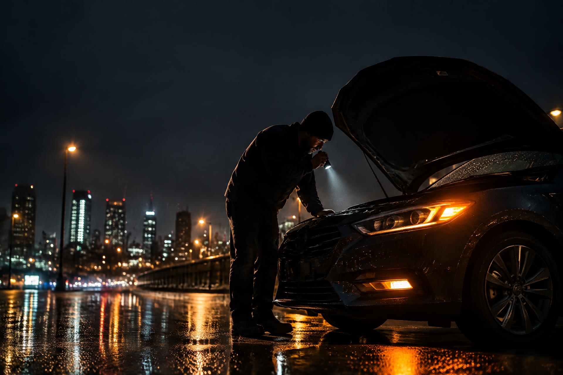 Mecânico com lanterna verificando o motor de um carro parado à noite